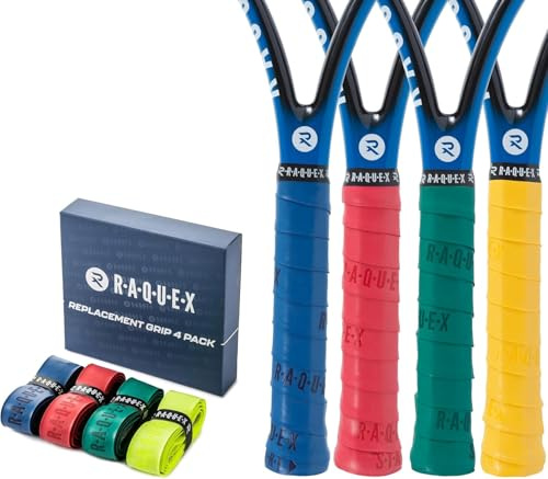 Raquex Ersatz-PU-Griffband 4er-Pack: Tennis, Squash, Badminton. Selbstklebendes Griffband für Schläger. Wiederverwertbare Geschenkverpackung aus Pappe (Blau, rot, grün, gelb)