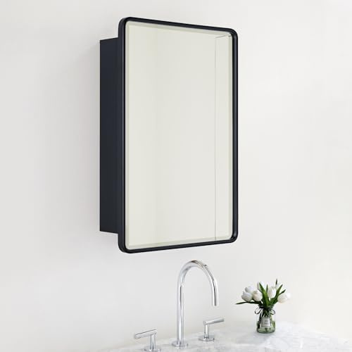 TEHOME Surface Mount 16x24 Black Bathroom Medicine Cabinet with Mirror Matt Black Metal Framed Rounded Rectangle Medicine Cabinet with Beveled Mirror
