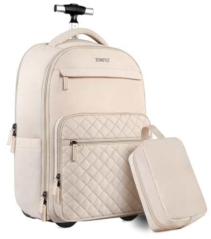 ZOMFELT Rullande ryggsäck för kvinnor, reseryggsäck med hjul, 17 tums bärbar dator ryggsäck med toalettväska, handbagage hjul ryggsäck för resor resa resa affärer beige