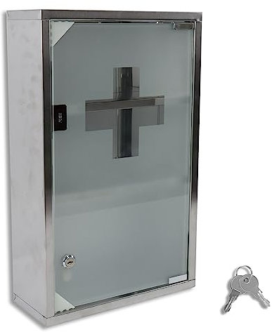 Froadp Medicinskåp, läkeskåp, i rostfritt stål, låsbart husapotek med glasdörr och lås, 30 x 12 x 50 cm, apoteksskåp, första hjälpen skåp (3 fack)