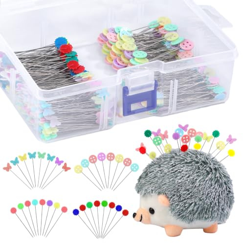 400 Pcs Sewing Pins: Flat Head Straight Pins with Coloured Heads Quilting & Dressmaking Pin Includes Hedgehog Needle Cushion Storage Box for Craft Sewing