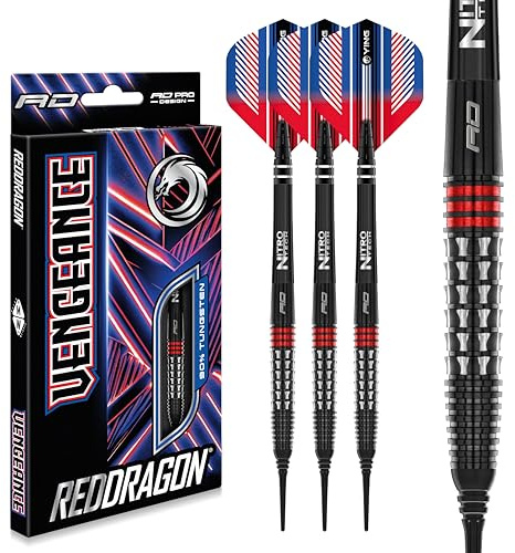 Röd DRAGON Vengeance Red 20 gram premium volfram softtip dart set med flygningar och skaft