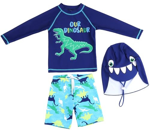 AIWUHE Jungen Badeanzug Zweiteiliger Swimsuit Trunk and Rashguard Set Schwimmshirt Uv-Schutz Dinosaurier Bade-Set mit Hut Grüner Dinosaurier 130