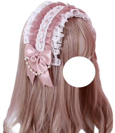TTYAO REII Bow Lace Headband Lolita Fashion Maid Hairband Pearl Chains Headdress Lolita Dress Hair Accessories (Bean Pink)