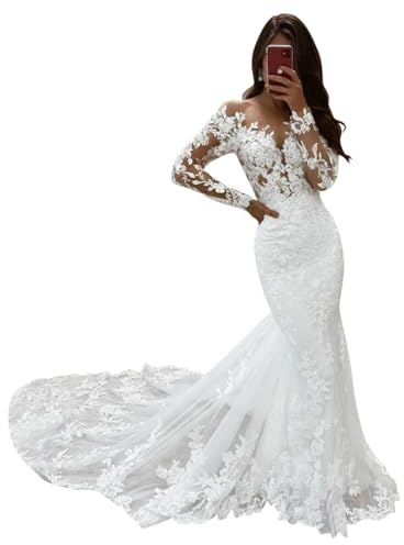 SEVENYXX Vestido de Novia de Sirena de Manga Larga de Tul Civil, Blanco, 48