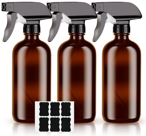 HOTUT 3-pack Amber glasspray, 500 ml glassprayflaska, brun glasflaska, bärnstenssprayflaskor med dimströmsinställningar med svarta pumpar, Sprayflaska glas för Rengöringsprodukter, Aromaterapi & Oljor