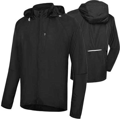 CLMETHE Giacche da ciclismo da uomo con zip intera con cappuccio, giacche da equitazione estive, traspiranti, ad asciugatura rapida, per bici da pioggia, MTB, maglie da corsa,Black-2XL