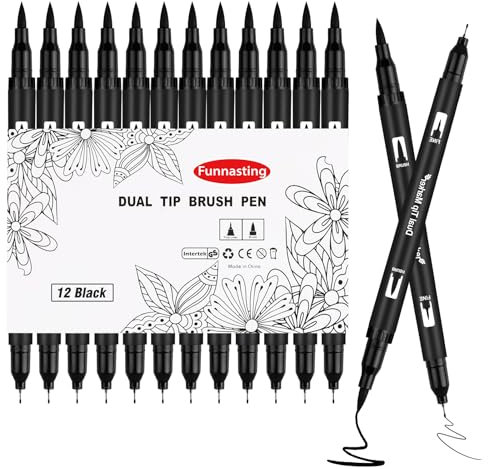 12 Stück Filzstifte Schwarz, Fineliner Stifte Set, Dual Brush Pen Set Tuschestift Pigment Liner Stifte für Künstler, Illustration, Skizzen, Technisches Zeichnen
