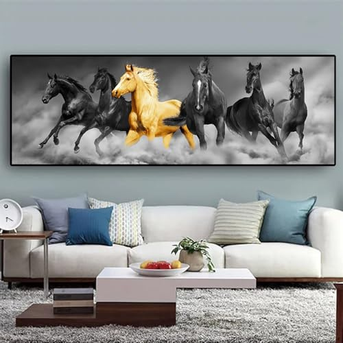UGZDEA Poster su tela cavallo, motivo cavalli in bianco e nero, con animali, per soggiorno, camera da letto, senza cornice（A,50x150cm）