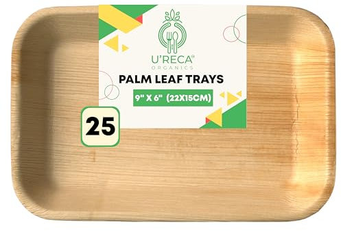 Eco-Friendly Areca Palm Leaf Rectangle Tray | 9 x 6 - Pack of 25 | Great for Cafeterias, Fast Food Serving & Small Meal Portions | Tree-Free, Heavy-Duty, Plastic-Free