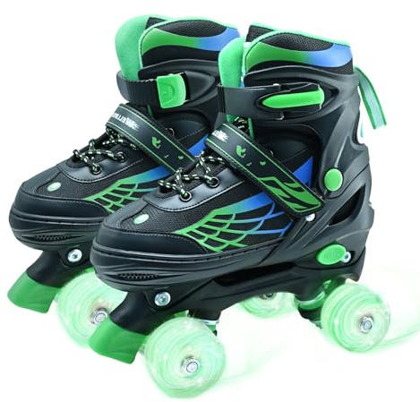 Roller Skates for Kids, Adjustable Quad Skates for Boys and Girls Ages 5-8 with Light Up Wheels, Children Beginners Rollerskates Green for Indoor Outdoor