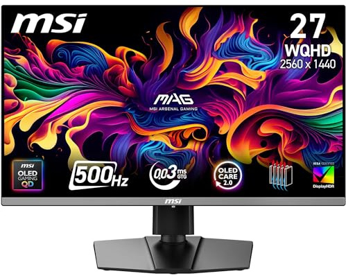 MSI MAG 272QP QD-OLED X50 27 Inch WQHD Gaming Screen – Quantum Dot OLED 2560 x 1440, 500Hz/0.03ms, DisplayHDR True Black 500, AMD FreeSync Premium Pro, HDMI 2.1, DP 1.4a, Black