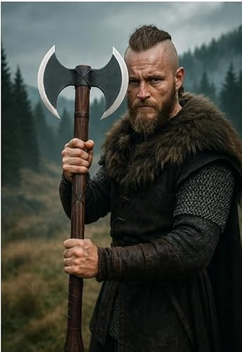 Handsmidd vikingayxa handgjord dubbel headed viking axe, stor nordisk axes, handsmidd yxa stor viking dubbelyxa med läderskida