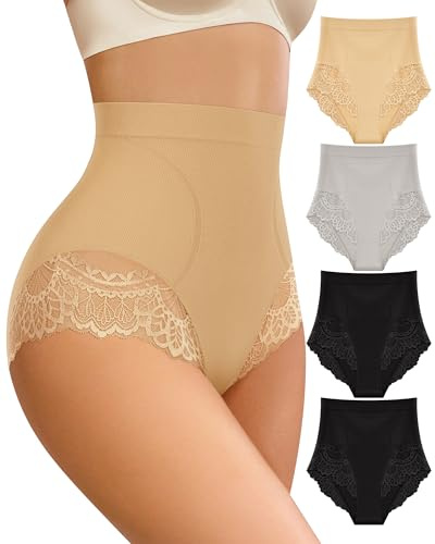 MIOTAN Women's Underwear High Waisted Tummy Control Lace Ladies Panties Full Coverage High Cut Nylon 4 Pack, Multicolor-M