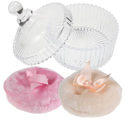 SKISUNO Babypuderpuff i Plysch med Glasförvaring Beige och Rosa för Skonsam Applicering Kroppspuder Hygienisk Skyddande Ask för Babyvård