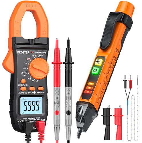 Proster Clamp Meter Non Contact Voltage Tester Kit - TRMS 6000 Counts 800A DC/AC Current 600V DC/AC Voltage CLamp Meter & 48V-1000V/12V-1000V Dual Range Electrical Voltage Pen for DIY