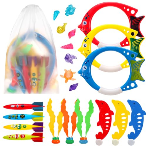 GSrenyu Diving Toys Swimming Pool, 22 Pieces Fun Swimming Pool Toy Set | with Diving Rings, Torpedo, Seagrass, Marine gem Training Dive Game Toys for Kids Children
