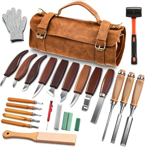 SakerNeo 25Piece Wood Carving Kit Whittling Tools with Leather Storage Bag