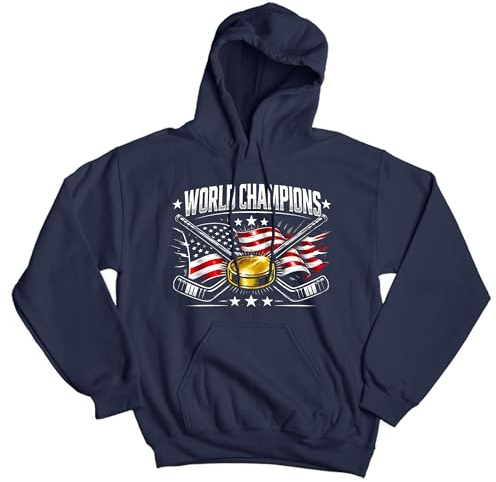 USA World Champions Hood – Patriotic Hockey Fleece Sweatshirt – Gold Puck American Flag Graphic Top - Hoodie X-Large Navy