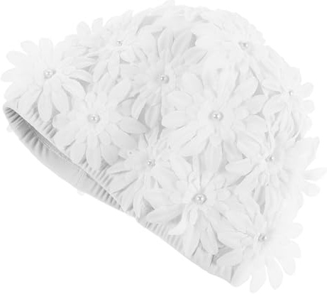 AMUSLESUR Cuffia da Bagno Donna Stile Rétro con Petali 3d, Cappello con Fiori per Chioma Spessi, per Festa Estiva e Piscina, Tessuto Elastico Bianco