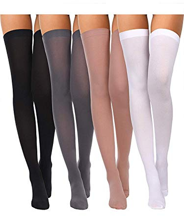 Boao 4 Pairs Women's Silk Thigh High Stockings Sheers Nylon Socks for Women Halloween Cosplay Party Tights Accessory(F Size,Black, White, Skin Color, Grey)