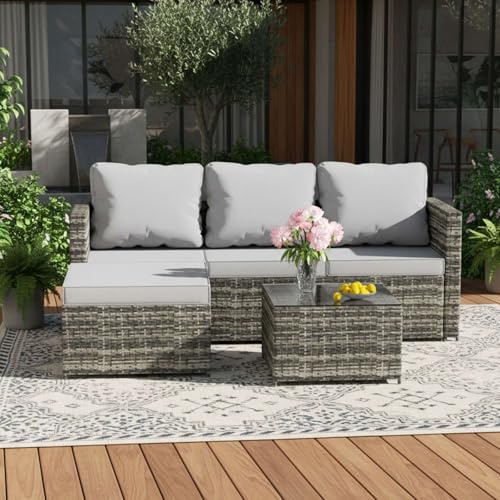 BIRCHTREE PE Rattan Garden Furniture Set L Shape Corner Sofa Chair Glass Coffee Table Ottoman 3 Seater Cushion Outdoor Patio Conservatory RFS01 Grey