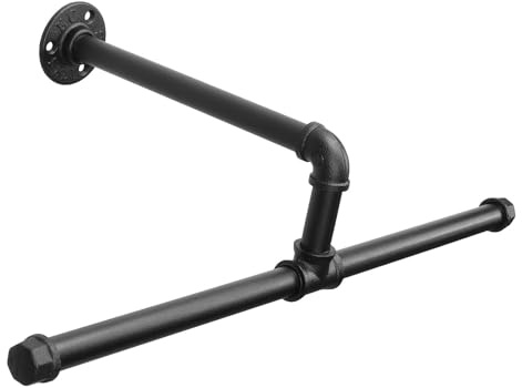 Jeasor Perchero de tubería industrial flotante montado en la pared, barra de ropa vintage rústica resistente, barra de ropa de metal, ahorra espacio, para dormitorio, baño y lavandería (negro)