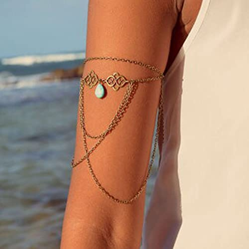 Wendalern Multilayer Turquoise Arm Chain Boho Upper Arm Bracelet Vintage Hollow Flower Armlet Gold Drop Tassel Armband Summer Beach Arm Bracelet Jewelry for Women and Girls