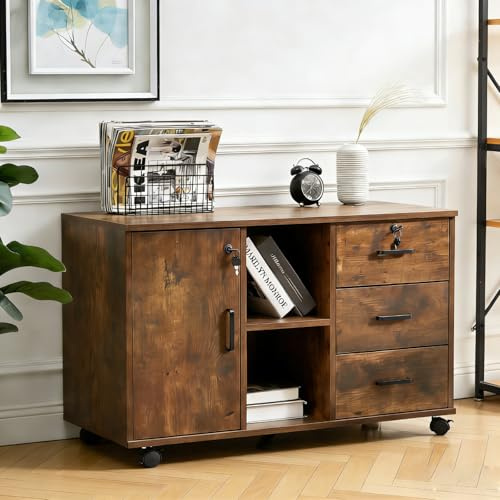 LEMROE Mobile File Cabinet with Lockable Drawers & Door, Open Shelves Brown | Lateral Printer Stand with 3 Drawers, Wooden Under Desk Stationery Storage Cupboard Unit for A4 or Letter Size, Home Office