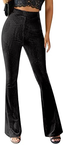 Black Velvet Flare Pants - Corduroy Trendy Groovy Hippie Disco Pants - Flared Leggings High Waisted Pantalones de Campana para Mujeres Black XL