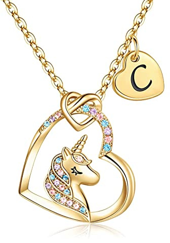 TINGN Regalo para Niñas Collar de Unicornio, Chapado en Oro de 14 Quilates CZ Corazón Colgante, Cadena Oro Inicial Joyería Regalos de Cumpleaños para Mujer
