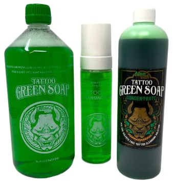 INKgrafiX® TATTOO - Juego de jabón verde (3 artículos, 1 x 220 ml, 1 x jabón verde de 1 l, 1 x concentrado de jabón verde 0,5 – IG64271 – Inkgrafix Alemania vegano