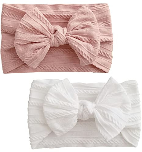 2 St Baby Turban Pannband för Flickor - Nylon Rosett Huvudbonad, Mjuka Elastiska Hårband för Nyfödda och Småbarn (Rosa och Vit)