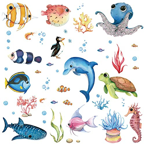 HGDESIGN® Väggtatuering väggdekal maneter fisk undervattenskatt gelyfish barnrum babyrum barn baby pojke flicka badrum väggdekal väggdekoration självhäftande (B)