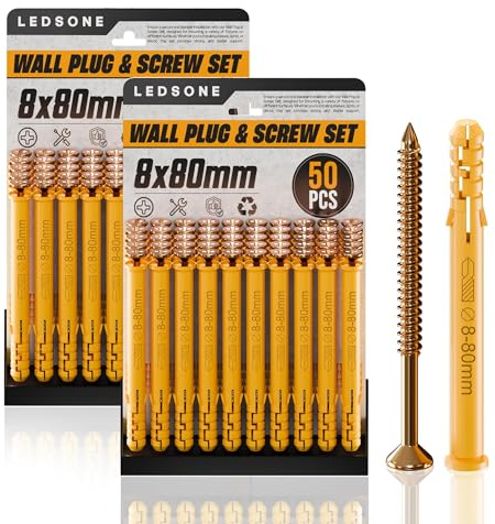 50 Pcs X 2Pack Wall Plugs and Screws Set 8 x 80mm Masonry Self Tapping Screws Expansion Pipe Anchor Bolts M6/M8/M10 Heavy Duty Wood Screw and Wall Plugs Kit for Brick, Concrete, Masonry, Drywall