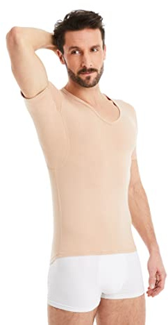 FINN Anti-Schweiß Shirt Herren mit V-Ausschnitt und integrierten Achselpads gegen Starkes Schwitzen - Unterhemd mit garantiertem Schutz vor Schweißflecken und Schweißgeruch Hautfarbe Nude 5XL