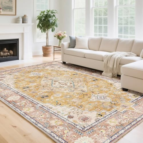 HiChiclife Teppich Wohnzimmer 160x230 Gelb – Waschbar & rutschfest, Orientalischer Vintage Teppich Großformat für Wohnzimmer & Esszimmer, Pflegeleicht Kurzflor