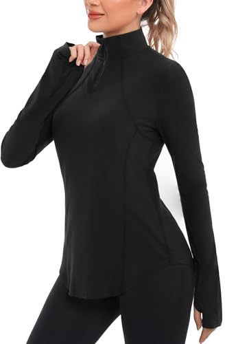 Crewhpo Maglia Sportiva Donna Manica Lunga Magliette Sportive Traspirante con Cerniera 1/4 Maglietta da Corsa con Pollice Foro Maglia Running Aperture per i Pollici per Yoga Fitness Palestra Nero M