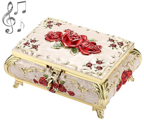 ELLDOO Vintage Music Box, Beige Metal Musical Jewelry Box Keepsake Box, Small Trinket Jewelry Storage Box Gift for Girl Women (Tune: You are My Sunshine), Red Rose Pattern, Large