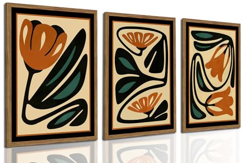 Mid Century Floral Wall Art Set of 3, Modern Abstract Botanical Wall Decor Picture, Vintage Boho Eclectic Plant Canvas Prints Paintings for Bedroom Living Room 16x24 inch Framed