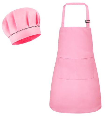 BSBUY Grembiule e Cappello da Cuoco per Bambini, Grembiule da Cucina Set Regolabile con Tasche, per Età 3-6 Anni, Bambini Set da Chef per Pittura Cucinare Cottura(Rosa)