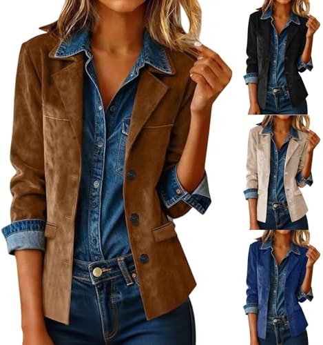 Mockajacka dam kort kort kort blazer midja konstgjord mocka skuren jacka | Övergångsjacka med knappslå långärmad bomberjacka revers sweatblazer casual kavajjacka vintage mocka jacka