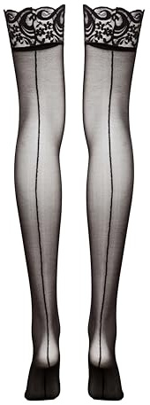 Lovehoney Hold Up Stockings for Women | Sheer Lace Top Back-Seam Thigh High Black Stockings | Retro Vintage Style | Size 18-22