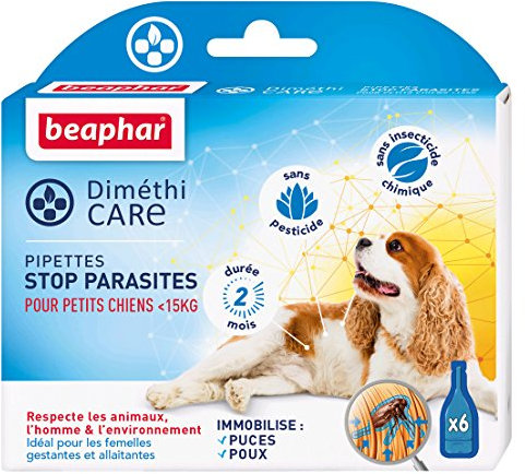 BEAPHAR – DIMÉTHICARE – Pipettes stop parasites pour petit chien <15kg – Contre puces, tiques et poux – Sans pesticide et sans insecticide chimique – Enrichie à l'Aloe Vera – Durée 2 mois – 6 pipettes