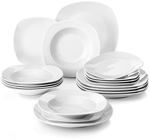 MALACASA Serie Elisa, 18 piezas, vajilla de porcelana, 6 platos de postre, 6 platos hondos y 6 platos llanos para 6 personas