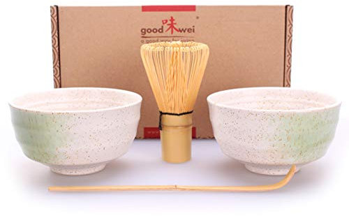 Goodwei Matcha Set DUO mit zwei Matcha Schalen aus Keramik, Matchabesen und Bambuslöffel | Geschenkset für Zwei (Shiro)