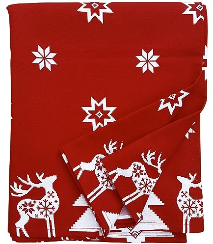 Ragged Rose Christmas Table Cloth - Festive Linen Tablecloth with Nordic Style Prints for Living Room & Kitchen - Cotton Tablecloth That Fits a 6-7 Ft Table - Red Christmas Star Print