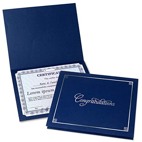 Congratulations Blue & Silver Certificate Folders - Pack of 25, Linen Cover 80 lb. Stock, Folded, Die-Cut Corners, for Office, Business Awards, Graduation, School Diploma Holder, 9-1/2 x 12