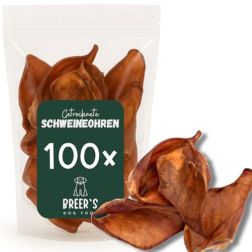 BREERs Getrocknete Schweineohren für Hunde 100 Stück Kauartikel aus Schwein, Hundeleckerli getreidefrei, Kausnack, Leckerli Hund, eigene deutsche Herstellung