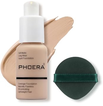 PHOERA Foundation Makeup, Flawless Soft Matte Oil Control Liquid Foundation, Full Coverage Mattle Oil-Control Concealer for Older Women, Great Choice For Gift (#102 Nude)